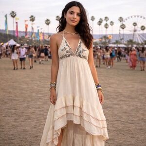 Indie Chic Womens Boho Festival Halter Maxi Dress Size S Embroidered Cottagecore